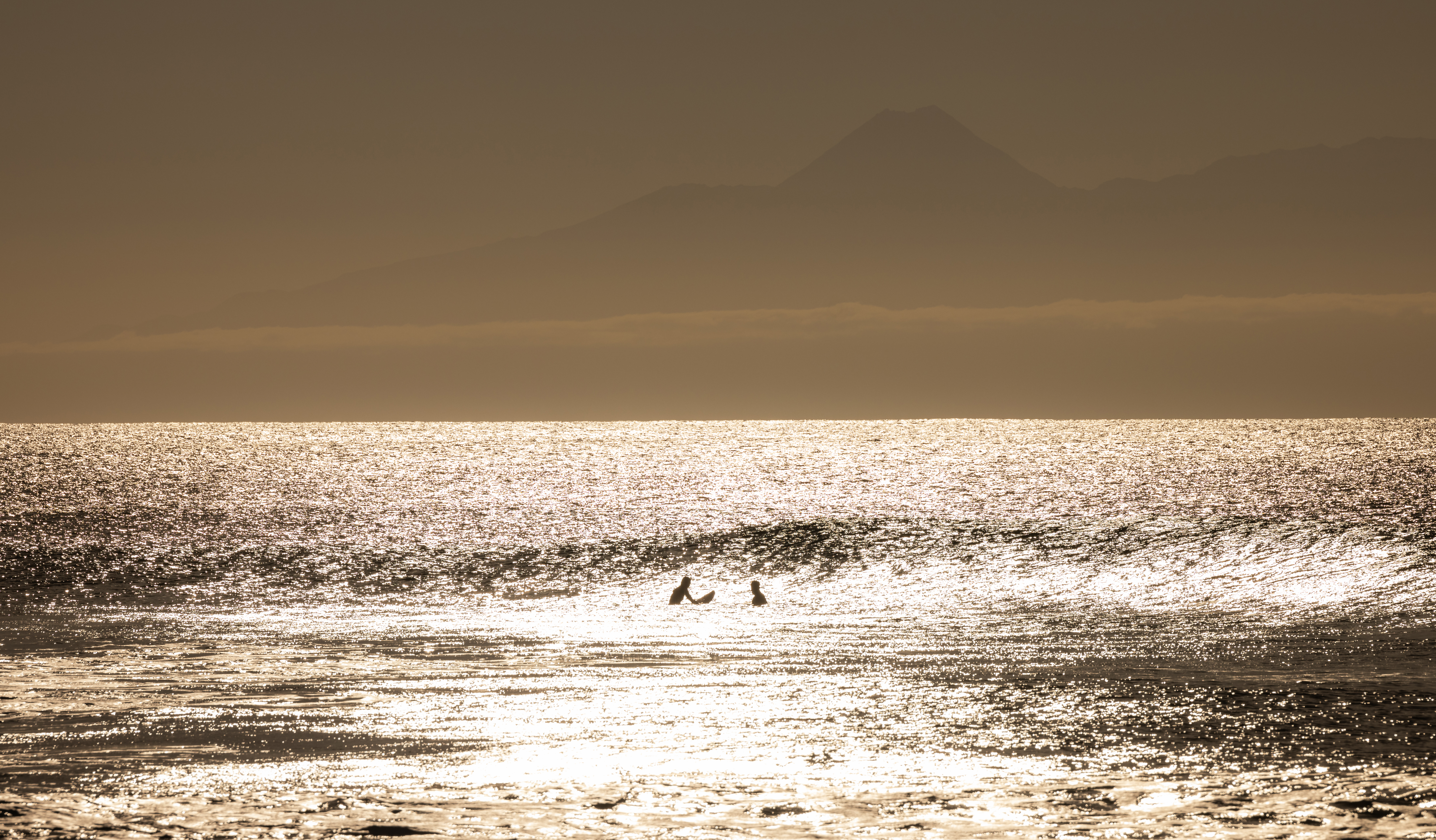 Two surfers silhouetted on golden sea